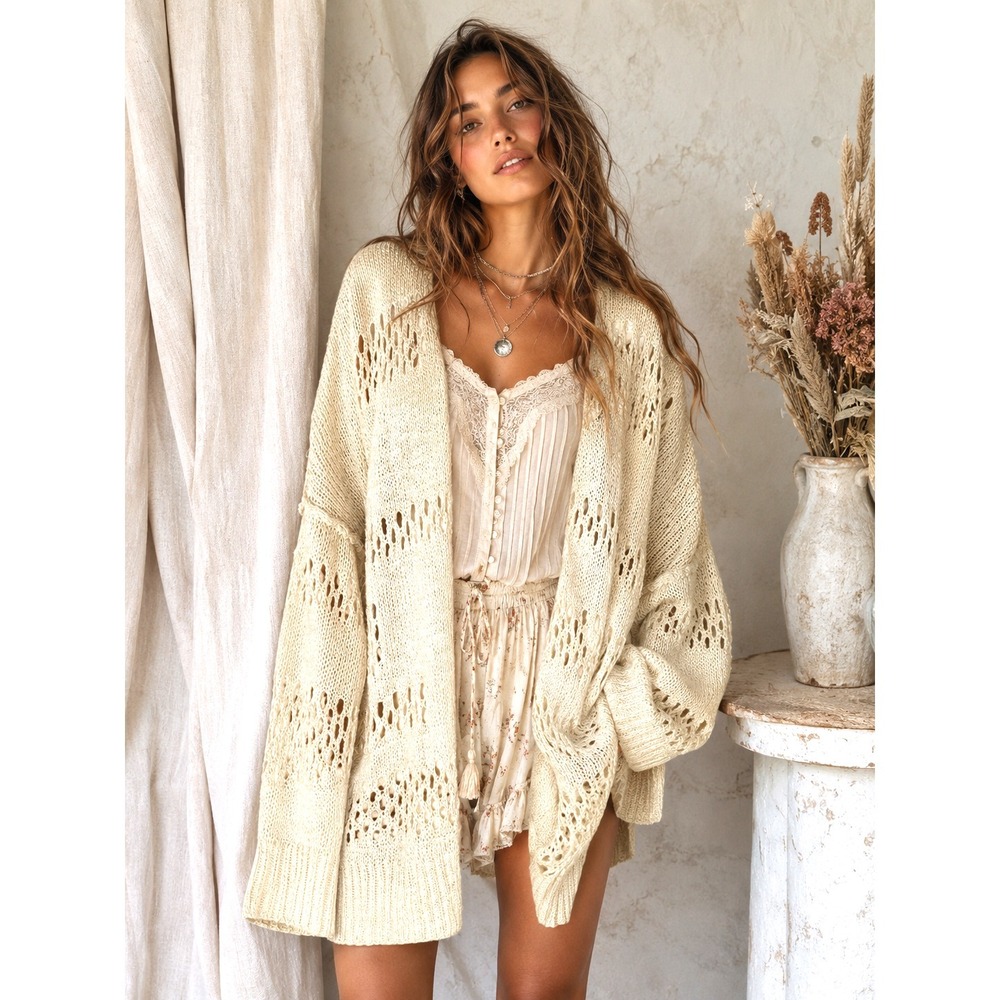 Free People Style Oversized Ivory Open Knit Slouchy Boho Cardigan Sweater OS